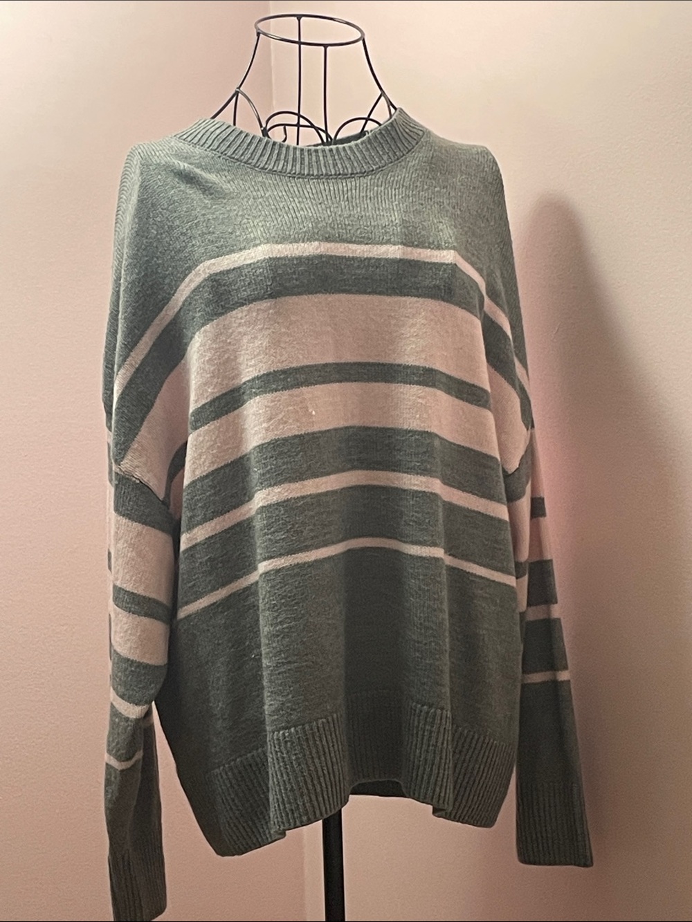 Divided Striped Crewneck Sweater in gray and pink